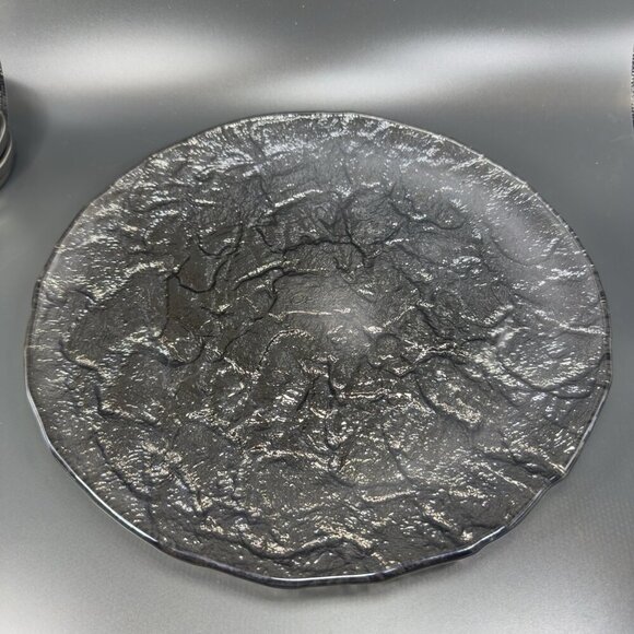 Vintage JSG Oceana Art Glass Metallic Black Texture Glass Dish Plate 11inch Wide - Picture 5 of 12